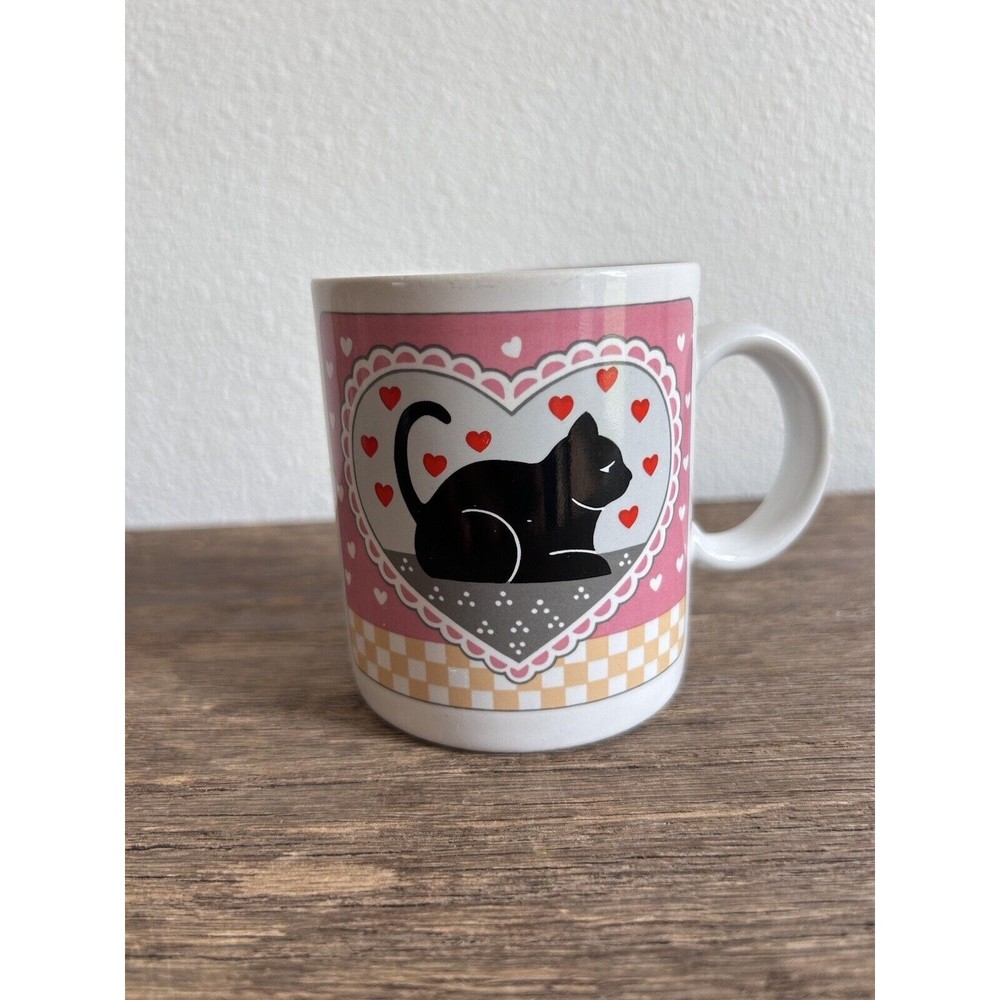 Vintage Black Cat Mug Pink Red Hearts 10 Oz.  Stoneware Japan 1988